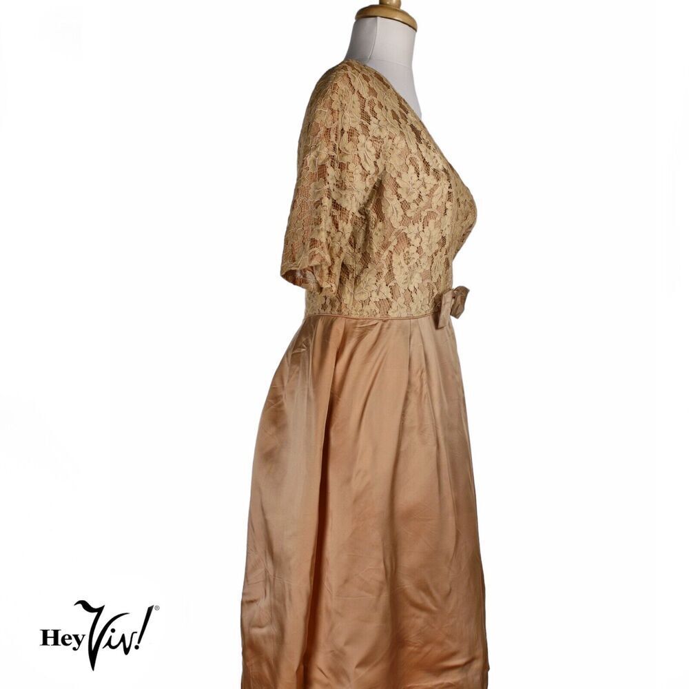 Vintage 50s 60s Emma Domb Satin Lace Party Dress w Crinoline B36 W 29 - Hey Viv - Picture 3 of 9